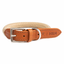 HUGO & HUDSON x HACKETT Rope Dog Collar with Cognac Leather with Adjustable Metal Buckle, Natural M
