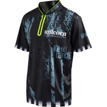 Unicorn Callan Rydz Darts Shirt | The Riot Logo | Cool Breathable Soft-Feel Micro Mesh 3-Tuk Polyester | Blue & Black with Fluro Neck Detail