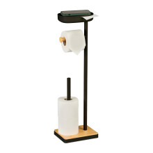 Relaxdays freestanding toilet roll holder with shelf, HWD: 68x20.5x16cm, spare roll dispenser, black/natural