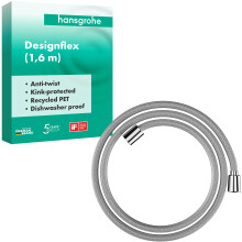 hansgrohe Designflex - universal fit textile shower hose 1,60 m, tangle free, flexible shower head hose anti-kink, incl. sealing rings, chrome