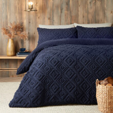 Fusion - Navy Blue Teddy Fleece Duvet Cover - King Bedding Size (260 x 220cm) - Reversible Design - Dark Blue Jacquard Duvet Cover