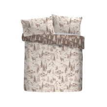 Dreams & Drapes Lodge Alpine Stag Brushed Cotton Duvet Cover Set, 100% Cotton, Super-King 260x220cm, Natural, Hand-Drawn Mountain Lodge Print, Orange