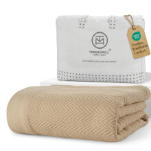 Threadmill 100% Pure Cotton, King Size Beige Blanket - Herringbone Pattern, Lightweight, Soft & Cozy Premium Fall Throw Blanket for All Seasons