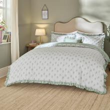 furn. Wylder Ava Duvet Cover Set – Reversible Botanical Leaf Cotton Rich Ruffle Bedding (White Sage – King)
