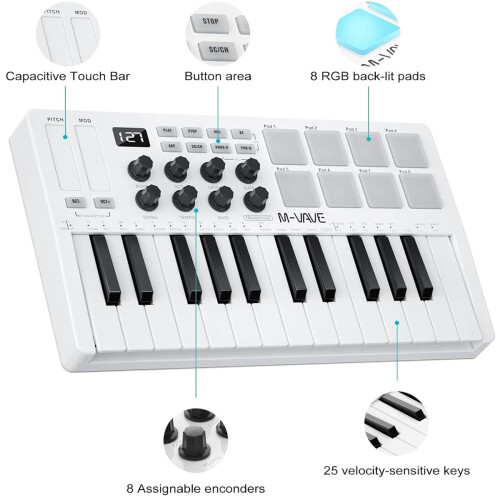 M-VAVE SMK-25-25 Key USB MIDI Keyboard Controller With 8 Backlit Drum Pads, Bluetooth, Professional dynamic keys, 8 Knobs 1