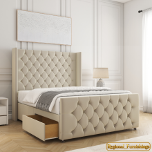 (Cream(No Mattress), 3ft Single(2 Drawers)) Luxury Divan Double Bed Plush Velvet with Mattress 2 Drawers Storage Bed