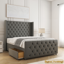 (Grey(with Mattress), 4ft6" Double(2 Drawers)) Luxury Divan Double Bed Plush Velvet with Mattress 2 Drawers Storage Bed