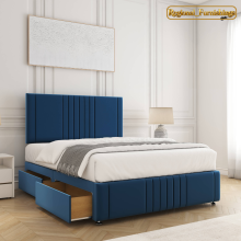 (6ft Super King(No Drawers), Blue(with Mattress)) Luxury Divan Double Bed Plush Velvet 24” Headboard with Mattress Storage Drawers