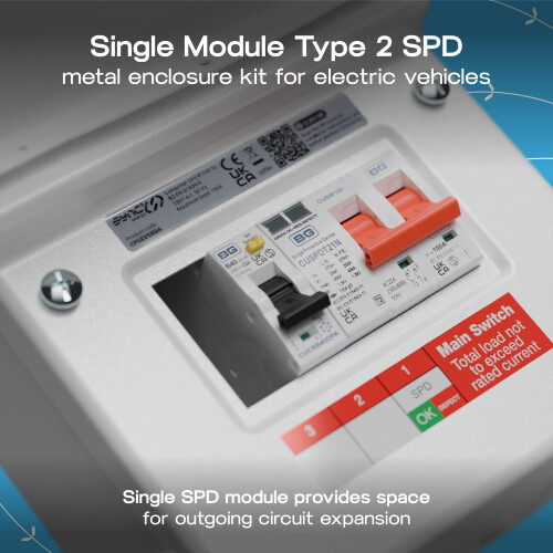 Sync Energy EV Charger Consumer Unit, 40A 30mA Type A RCBO, 100A Main Switch & Type 2 SPD, Double Pole, Electric Vehicle Enclosure Kit, 5 Module 2