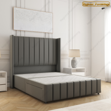 (Grey Plush, Small Double-4FT(2 Drawers Footend)) Winged Panel Divan Bed Base Plush Velvet 54-in Headboard Storage Drawer No Mattress