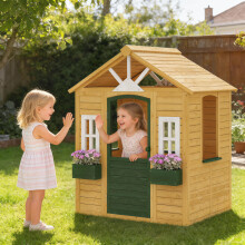 AIYAPLAY Outdoor Playhouse, Wooden Wendy House with Door, 2 Flower Boxes
