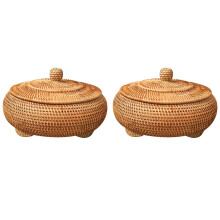 2X Storage Basket Hand-Woven Rattan Woven with Cover Round Primary Color Chinese Jewelry Snacks Tea Set Storage Box