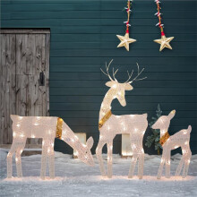 Felle Kerstdecoratie voor Buiten, 3-Delige Verlichte 2D Rendierfamilie met 60 Liter Inhoud, Voorgemonteerde Hertenset, voor in de Tuin