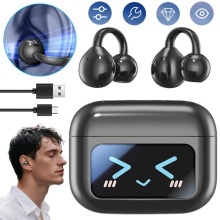 AI Translator Earbuds Real Time Bluetooth Ear Clip Headphones w/ LED Touchscreen