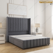 (Steel Plush, King-5FT (2 Drawers Footend)) Winged Panel Divan Bed Base Plush Velvet 54-in Headboard Storage Drawer No Mattress