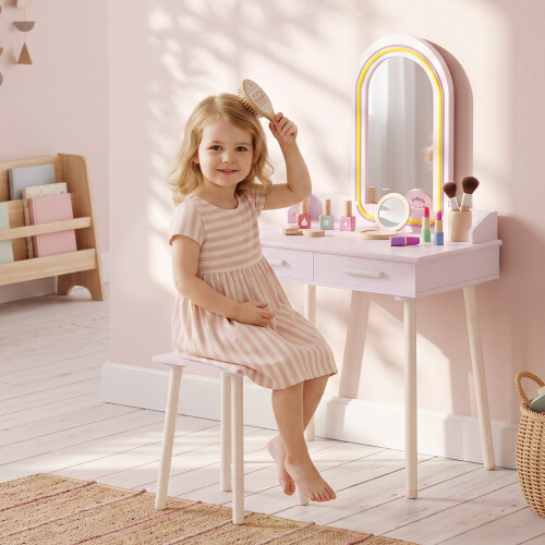 AIYAPLAY Kids Dressing Table with Stool, 3-Colour LED Lights Mirror, Drawer