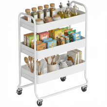 3-Tier Storage Trolley on Wheels, Rolling Utility Cart with Mesh Backets for Kitchen, Bathroom, Bedroom, White