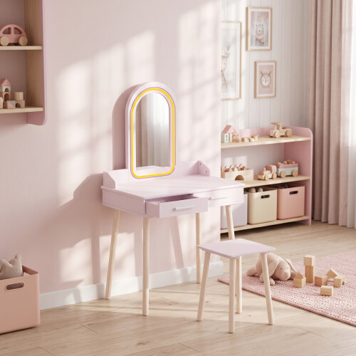 AIYAPLAY Kids Dressing Table with Stool, 3-Colour LED Lights Mirror, Drawer 2