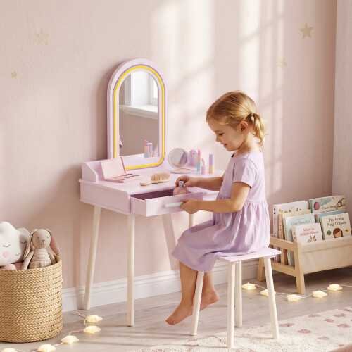AIYAPLAY Kids Dressing Table with Stool, 3-Colour LED Lights Mirror, Drawer 1