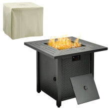 Square Propane Gas Fire Pit Table, 40000BTU Rattan Smokeless Firepit w/ Protective Cover, Glass Beads & Lid, 71x71x63cm, Black