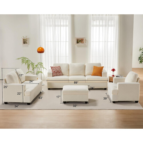 VANACC Sofa Offwhite Bouclé Deep Seat Living Room Set 1