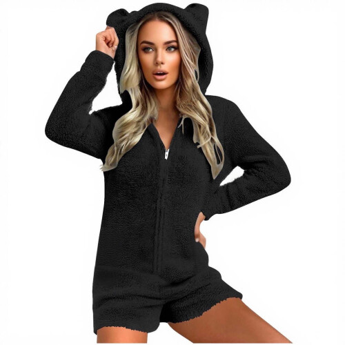 Women's Hooded Onesie Polyester Full-Zip Black Size L 1
