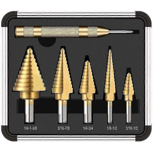 Iave 5pcs Titanium Step Drill Set with Auto Center Dual Cutting