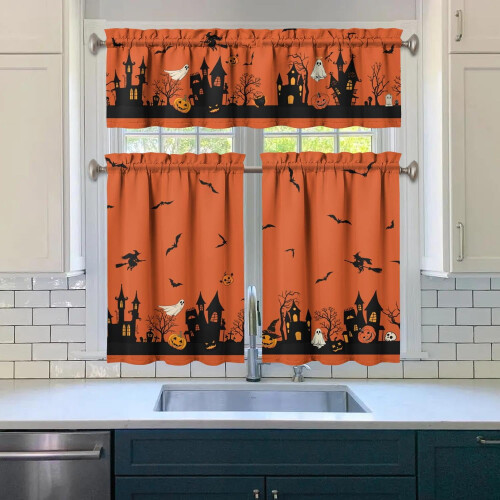Halloween Kitchen Curtains and Valances Set of 3 Orange 2