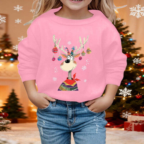Children's Santa Pullover with Reindeer Print, Round Neck, 1