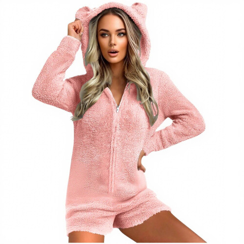 Women's Pink Hooded Onesie Polyester Size L 1