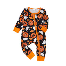 Boys Bodysuit Halloween Pumpkin Print Long Sleeve Zipper