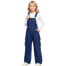 Girls Snowflake Washed Denim Overalls Wide Leg Cargo