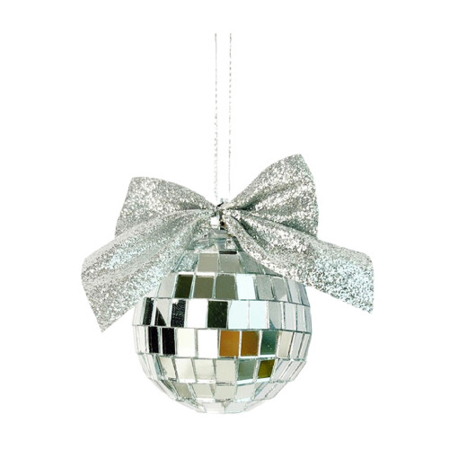 Pink Mirror Ball Ornament with Silver Glitter Bow 1