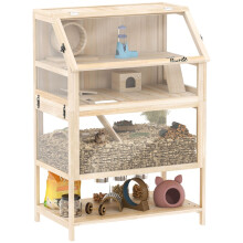 Wooden Hamster Cage with Detachable Lower Floor, Storage Shelf, Hut, Seesaw, Exercise Wheel, Ramps for Hamster
