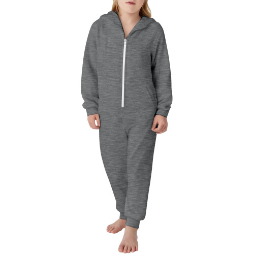 Kids Onesie Solid Color Long Sleeve Zip Hooded Jumpsuit 2