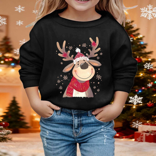 Kids Christmas Pullover Reindeer Print Round Neck Long 1