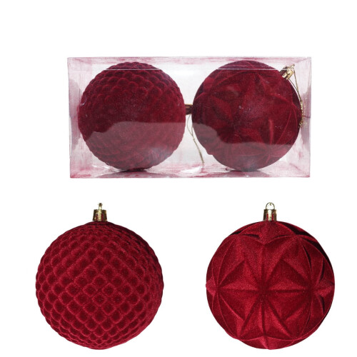 Christmas Ornament Set Burgundy Flocked 10cm 2PC 1