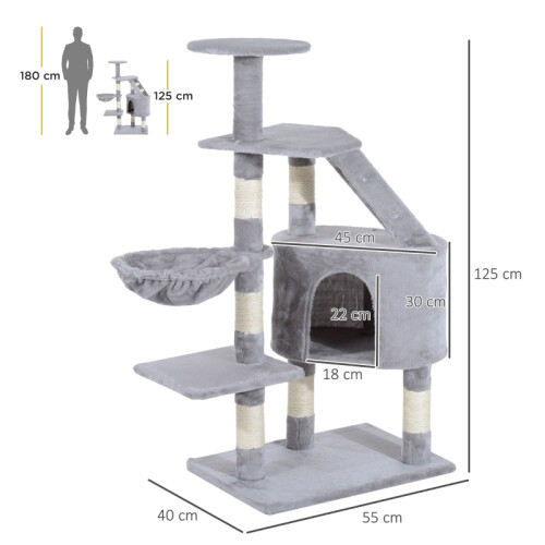Grey Cat Tree for Indoor Cats - 125cm Scratching Post 2