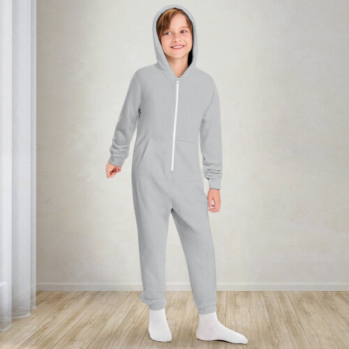 Kids Hooded Zip-Up Jumpsuit with Pockets, Solid Color, 1