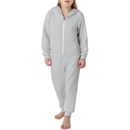 Kids Hooded Zip-Up Jumpsuit with Pockets, Solid Color, 2