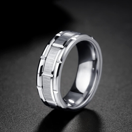 Men's Silver Wedding Band with Brick Pattern Brushed Finish 2