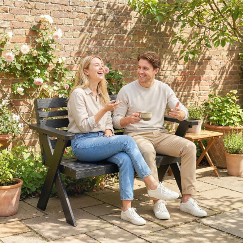 2-Seater Black Wooden Garden Bench 1