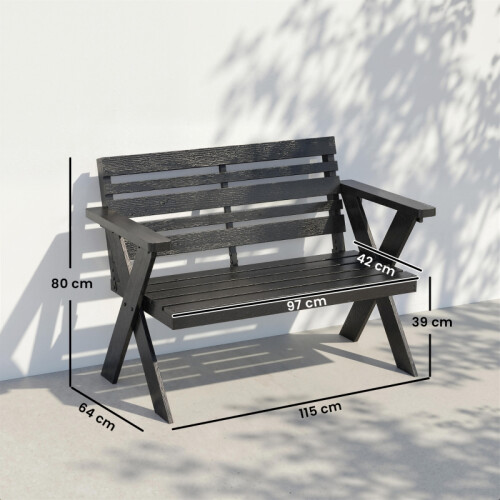 2-Seater Black Wooden Garden Bench 2