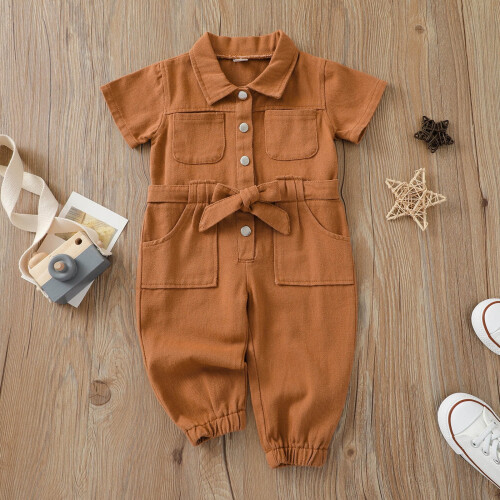 Toddler Jumpsuit Solid Color Button-Down Collared Denim 1