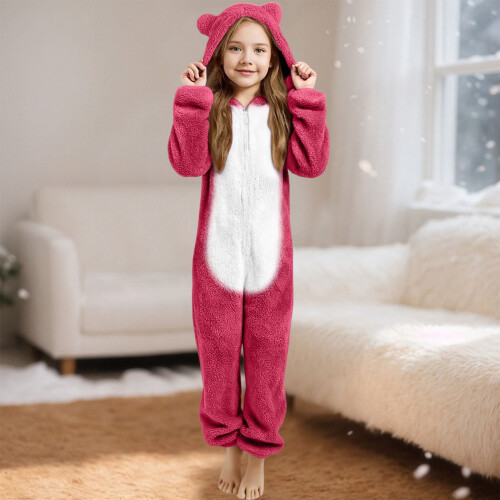 Bear Ear Plush-Lined One-Piece Pyjama Set Hooded Ages 3-12 1