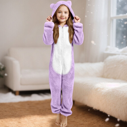 Bear Ear Plush-Lined Thickened One-Piece Pajama Set Hooded 1