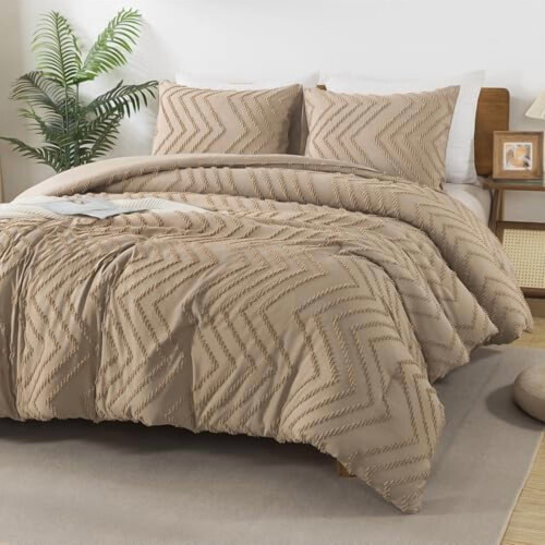 Taupe Boho Queen Comforter Set Tufted Chevron 3-Piece 2