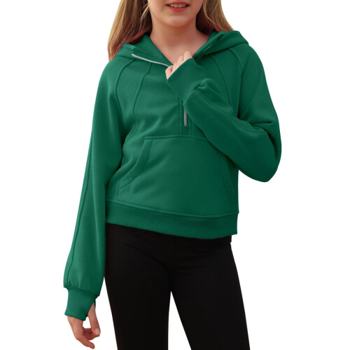 Girls Half-Zip Hoodie Long Sleeve Lightweight Pullover with 2