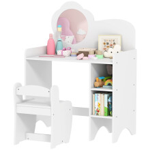 Kids Dressing Table with Mirror, Stool, Kids Vanity Table with Shelves, for Ages 3-8 Years, White