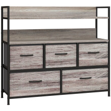 (Grey, Fabric) Rustic 5-Drawer Fabric Chest - Grey Wood